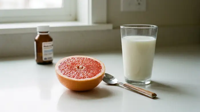 Eine frisch aufgeschnittene rosa Grapefruit und ein Glas Milch stehen auf einer sauberen Küchenarbeitsplatte. Im verschwommenen Hintergrund ist eine kleine Medikamentenflasche zu erkennen.