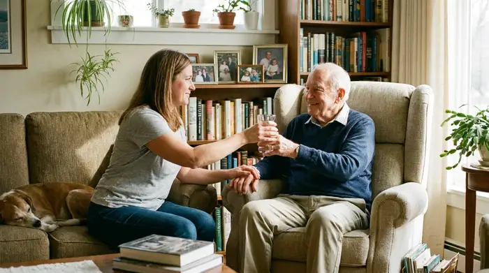 Eine einfühlsame Pflegekraft reicht einem lächelnden älteren Herrn, der gemütlich in einem Sessel sitzt, behutsam ein Glas Wasser. Friedliche und vertrauensvolle Stimmung im Wohnzimmer.