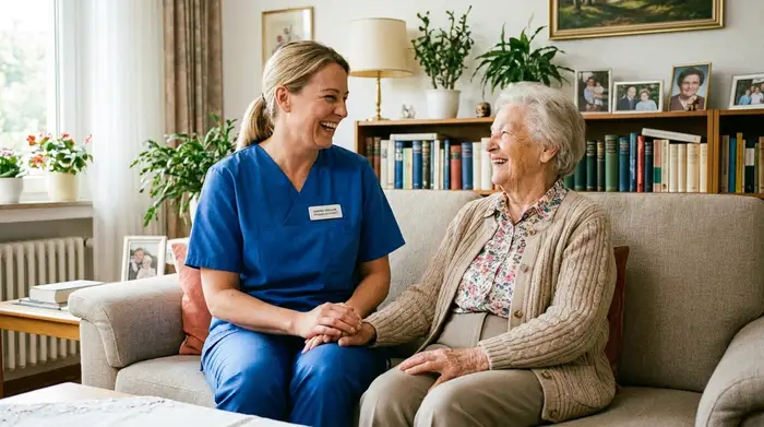 Eine professionelle Pflegerin in ordentlicher Berufskleidung unterhält sich herzlich mit einer Seniorin auf dem Sofa. Beide wirken entspannt und fröhlich.