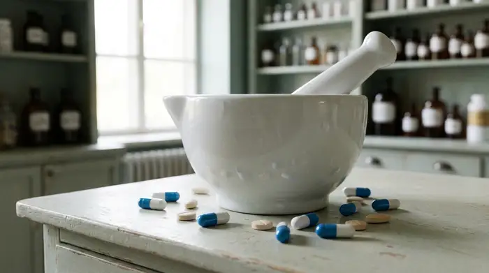 Nahaufnahme eines massiven Mörsers aus weißem Porzellan auf einem hellen Apotheker-Tresen, daneben liegen einige intakte Kapseln und Tabletten. Weiches, medizinisches Licht, unscharfer Hintergrund, fotorealistisch.