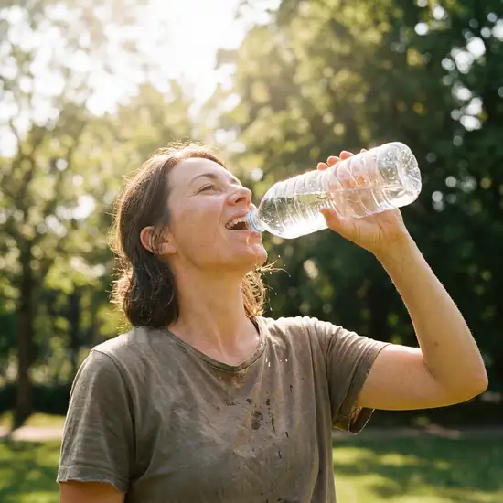 Eine Person hält eine durchsichtige PET-Flasche mit stillem Wasser an die Lippen. Der Kopf ist leicht in den Nacken gelegt, bereit für einen kräftigen Schluck. Helle, freundliche Atmosphäre, realistischer Fotostil.