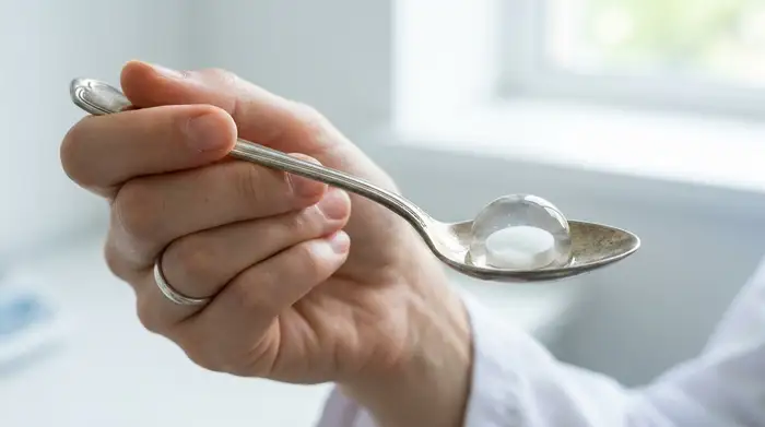 Ein silberner Teelöffel mit einer weißen Tablette, die von einem transparenten, klaren Gel umschlossen ist. Der Löffel wird von einer ruhigen Hand gehalten. Sauberer, klinischer Hintergrund mit weichem Licht.