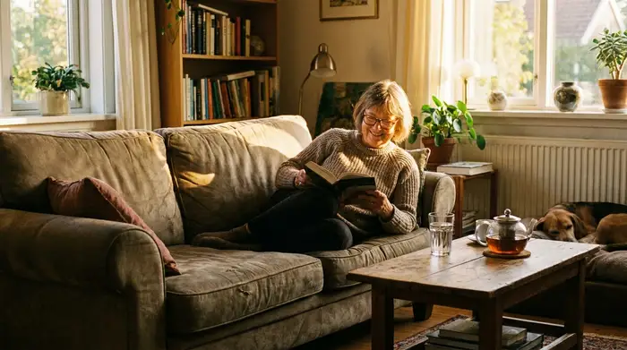 Eine ältere Frau sitzt auf einem gemütlichen Sofa und liest entspannt ein Buch, auf dem Couchtisch neben ihr steht ein Glas Wasser. Friedliche, gemütliche Wohnzimmeratmosphäre am späten Nachmittag.