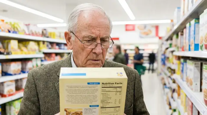 Ein älterer Herr mit Lesebrille steht im Supermarkt und betrachtet aufmerksam die Rückseite einer Lebensmittelverpackung. Helle Beleuchtung, saubere Umgebung, Fokus auf sein konzentriertes Gesicht.