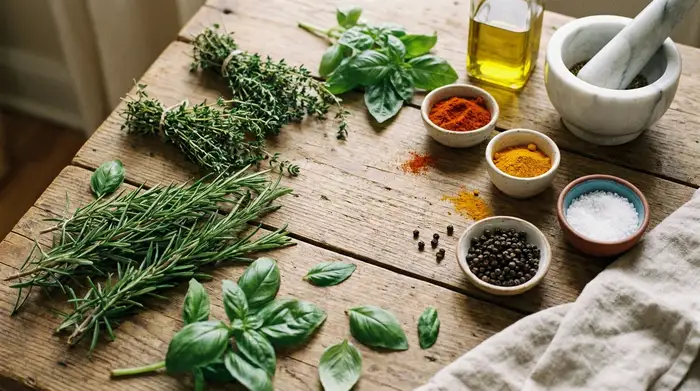 Eine rustikale Holzoberfläche mit verschiedenen frischen Kräutern wie Rosmarin, Thymian und Basilikum. Daneben kleine Schälchen mit bunten Gewürzen wie Paprika und Kurkuma. Ästhetische Food-Fotografie, warme Farben, natürliches Licht.
