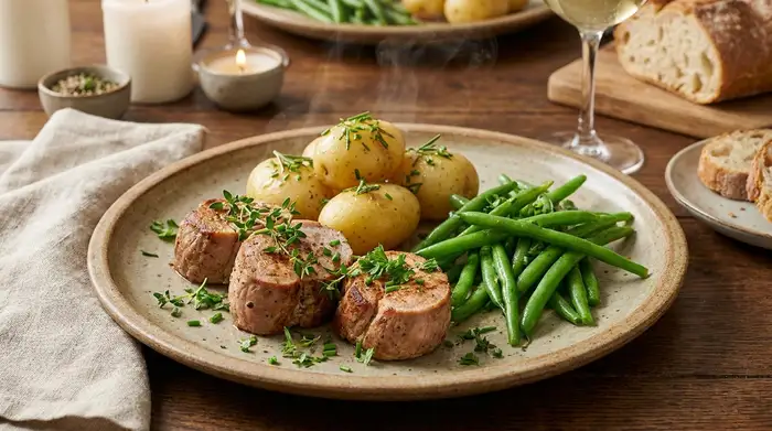 Ein appetitlich angerichteter Teller mit gebratenem Schweinefilet, dampfenden Kartoffeln und leuchtend grünen Bohnen. Alles ist mit frischen Kräutern garniert. Ein gemütlich gedeckter Esstisch im Hintergrund.