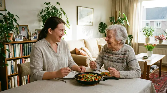 Eine einfühlsame Pflegekraft in dezenter Arbeitskleidung sitzt mit einer lächelnden Seniorin am Esstisch. Beide essen gemeinsam eine bunte Gemüsepfanne und unterhalten sich angeregt. Helles, freundliches Wohnzimmer.