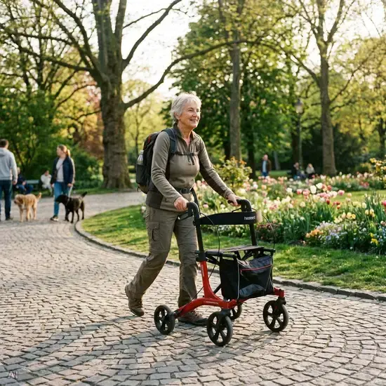 Eine rüstige Rentnerin spaziert mit einem modernen, roten Outdoor-Rollator über einen gepflasterten Weg in einem sonnigen Park. Sie wirkt sicher und entspannt.