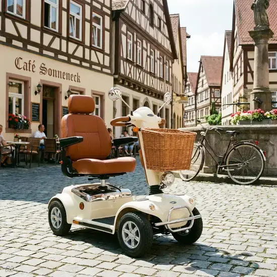 Ein eleganter, vierrädriger Elektroscooter für Senioren steht geparkt vor einem kleinen Café in einer charmanten Altstadt. Sonniges, helles Wetter.