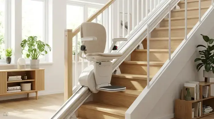 Ein moderner, gepolsterter Treppenlift fährt an einer hellen, hölzernen Treppe in einem aufgeräumten, freundlichen Einfamilienhaus empor. Keine Personen im Bild, Fokus auf die saubere, sichere Technik.