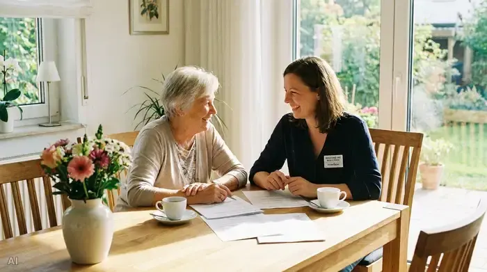 Eine ältere Dame sitzt gemeinsam mit einer freundlichen Beraterin an einem hellen Esstisch und bespricht Dokumente. Auf dem Tisch stehen Kaffeetassen. Vertrauensvolle und positive Stimmung.