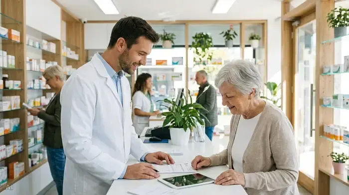 Ein freundlicher Apotheker in einem sauberen weißen Kittel bespricht in einer modernen Apotheke einen Medikationsplan mit einer älteren Dame. Beide lächeln leicht. Helle, professionelle Umgebung, realistische Szene.
