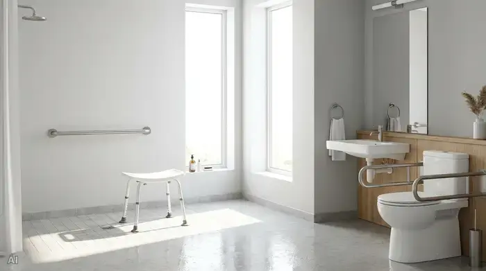 Ein modernes, helles und barrierefreies Badezimmer mit einer bodengleichen Dusche. An der hellgrauen Wand ist ein stabiler, metallischer Haltegriff montiert. Ein weißer Duschhocker steht sicher auf den rutschfesten Fliesen.
