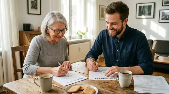 Eine ältere Frau und ein jüngerer Berater sitzen an einem Holztisch und füllen gemeinsam sorgfältig Formulare für die Pflegekasse aus. Kaffeetassen auf dem Tisch, entspannte und positive Stimmung.