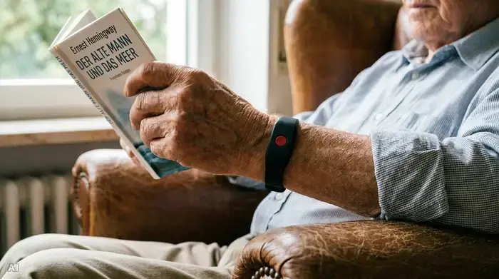 Eine Nahaufnahme des Handgelenks eines älteren Mannes, der ein unauffälliges, modernes Hausnotruf-Armband mit einem roten Knopf trägt. Er sitzt entspannt in einem Sessel und liest ein Buch.