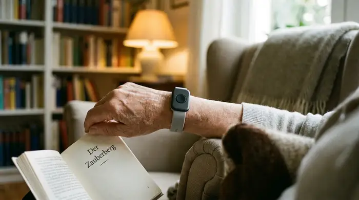 Ein moderner, unauffälliger Hausnotruf-Knopf am Handgelenk einer älteren Person, die entspannt ein Buch liest. Fokus auf das Handgelenk und den Knopf, unscharfer Hintergrund mit gemütlichem Wohnzimmer.