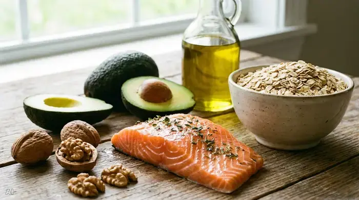 Nahaufnahme von frischen, herzgesunden Lebensmitteln auf einem rustikalen Holztisch: Ein Lachsfilet, Avocados, Walnüsse, eine Flasche Olivenöl und eine Schale mit Haferflocken. Helles, natürliches Licht, appetitliche und fotorealistische Darstellung ohne Text.