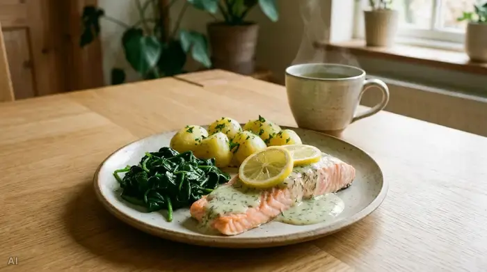 Ein appetitlich angerichteter Teller mit schonend gedünstetem Lachs, frischem Blattspinat und Salzkartoffeln auf einem hellen Esstisch. Im Hintergrund steht eine Tasse dampfender grüner Tee. Realistische, warme Food-Fotografie in einem hellen Raum.