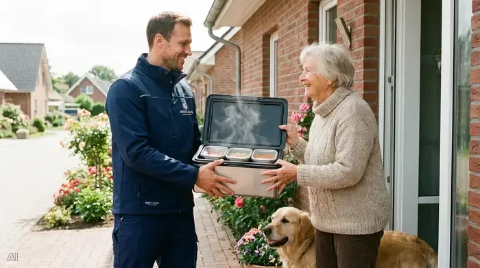 Ein freundlicher Kurier in sauberer Arbeitskleidung überreicht einer lächelnden älteren Dame an der Haustür eine warme Mahlzeit in einer hochwertigen Thermobox. Helles Tageslicht, positive und vertrauensvolle Stimmung, realistische Szene.