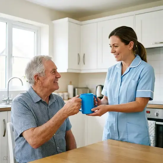 Eine Pflegekraft reicht einem lächelnden Senior einen leuchtend blauen Becher mit zwei großen Henkeln. Im Hintergrund eine aufgeräumte, helle Küche. Realistische, herzliche Szene, klares Bild.