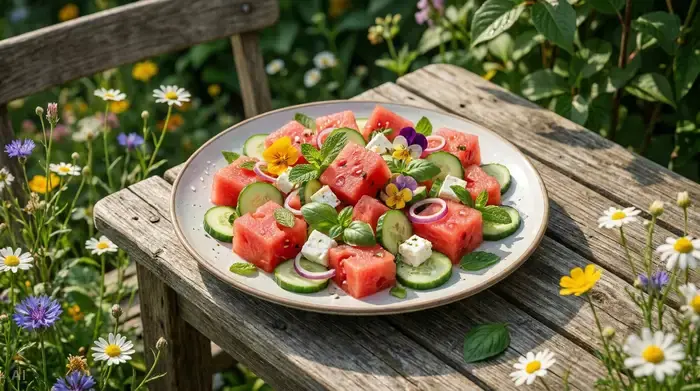 Ein hübsch angerichteter Teller mit frischen, saftigen Wassermelonenstücken und Gurkenscheiben steht auf einem Gartentisch im Sonnenlicht. Appetitlich und farbenfroh, fotorealistisch.