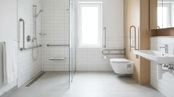 Ein modern und barrierefrei eingerichtetes Badezimmer mit einer bodengleichen Dusche und stabilen Haltegriffen an den Wänden. Hell, sicher und sauber, ohne störende Elemente.