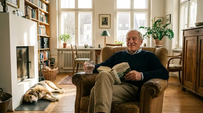Ein älterer, rüstiger Herr sitzt entspannt und aufrecht in einem gemütlichen Sessel in einem hellen Wohnzimmer, trinkt ein Glas Wasser und liest ein Buch. Warme, ruhige Atmosphäre.