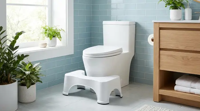 Ein moderner, weißer, rutschfester Toilettenhocker steht ordentlich vor einer sauberen, weißen Toilette in einem gut beleuchteten, stilvollen Badezimmer mit hellblauen Fliesen.
