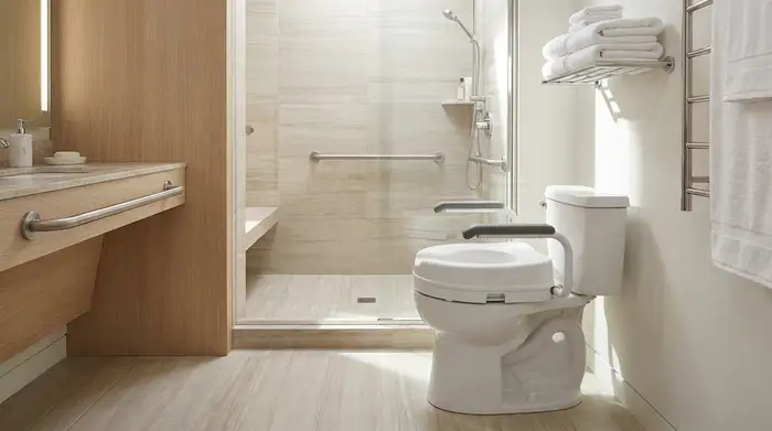 Ein sauberes, modernes Badezimmer für Senioren. Auf der Toilette ist eine stabile, weiße Toilettensitzerhöhung mit gepolsterten, klappbaren Armlehnen montiert. Frische Handtücher liegen im Hintergrund.