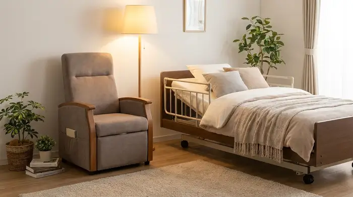 Ein diskreter, komfortabler Toilettenstuhl mit weicher Polsterung und Armlehnen steht ordentlich neben einem gemütlichen Pflegebett in einem warm beleuchteten, aufgeräumten Schlafzimmer.