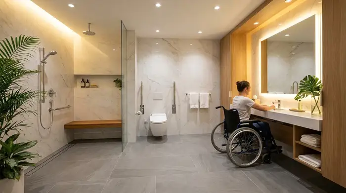 Ein komplett barrierefreies, luxuriöses Badezimmer mit ebenerdiger Dusche, rutschfesten grauen Bodenfliesen und eleganten, verchromten Stützklappgriffen neben der Toilette. Helle, freundliche Ausleuchtung.