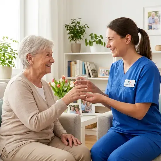Eine professionelle Pflegekraft in blauer Dienstkleidung reicht einer Seniorin liebevoll ein Glas Wasser. Beide lächeln sich in einer sauberen, häuslichen Umgebung herzlich an.