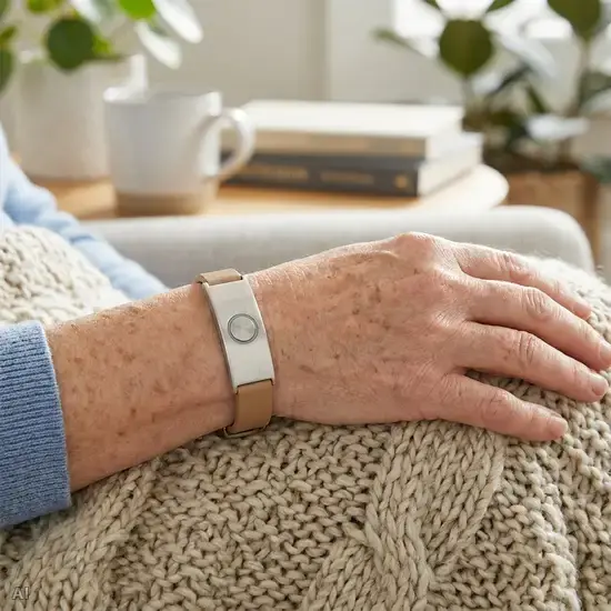 Ein unauffälliger, moderner Hausnotruf-Knopf, der als schickes Armband am Handgelenk einer Seniorin getragen wird. Die Hand ruht entspannt auf einer weichen Decke im Wohnzimmer.