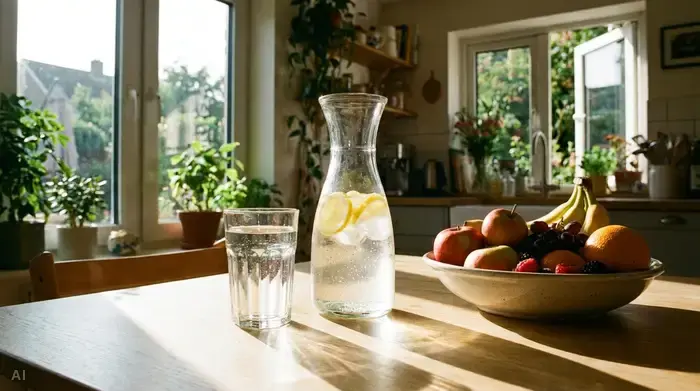 Ein Glas Wasser und eine Glaskaraffe mit frischem Wasser stehen auf einem hellen Holztisch neben einer dekorativen Schale mit frischem Obst. Sonnige, einladende Küche, klare und realistische Darstellung ohne Text.