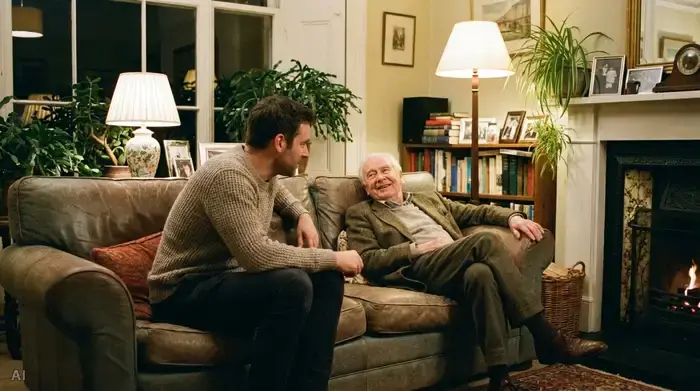Ein erwachsener Sohn und sein älterer Vater sitzen auf einem bequemen Sofa im Wohnzimmer. Der Sohn lehnt sich aufmerksam vor, der Vater wirkt entspannt. Ruhige, vertrauensvolle Stimmung, warme Beleuchtung, Wohnzimmer-Setting.