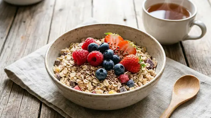 Eine ansprechende Schale mit ballaststoffreichem Müsli, garniert mit frischen Beeren und Leinsamen, steht auf einem rustikalen Frühstückstisch. Im Hintergrund eine Tasse Tee. Helle, appetitliche Food-Fotografie.