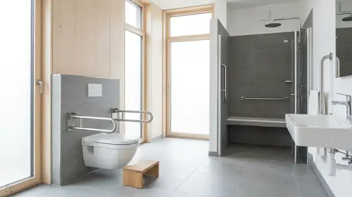 Ein helles, modernes und barrierefreies Badezimmer. Eine Toilette mit beidseitigen, stabilen Haltegriffen an der Wand und einem kleinen, dezenten Fußhocker direkt vor der Toilette. Sauber, aufgeräumt und sicher gestaltet.