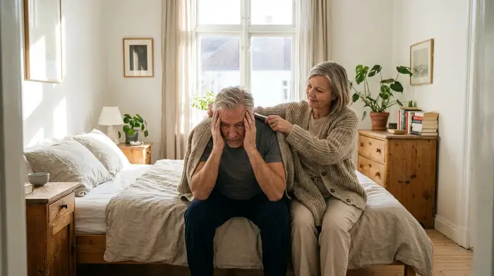 Ein helles, aufgeräumtes Schlafzimmer am Vormittag. Ein älterer Mann sitzt auf der Bettkante und stützt sich erschöpft ab, während eine Frau ihm sanft eine Strickjacke über die Schultern legt. Warme, realistische Fotografie, weiches Licht.