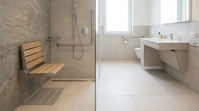 Ein modernes, barrierefreies Badezimmer mit einer großzügigen, ebenerdigen Dusche. An der Wand ist ein eleganter, klappbarer Duschsitz montiert. Helle Fliesen, sauberes und sicheres Ambiente, realistische Architekturfotografie.