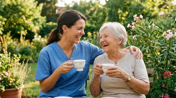 Eine professionelle Pflegekraft in blauer Kleidung sitzt gemeinsam mit einer älteren Dame auf einer sonnigen Terrasse. Sie halten beide Teetassen in den Händen und lachen herzlich. Entspannte, vertrauensvolle Atmosphäre, grüner Garten im Hintergrund.