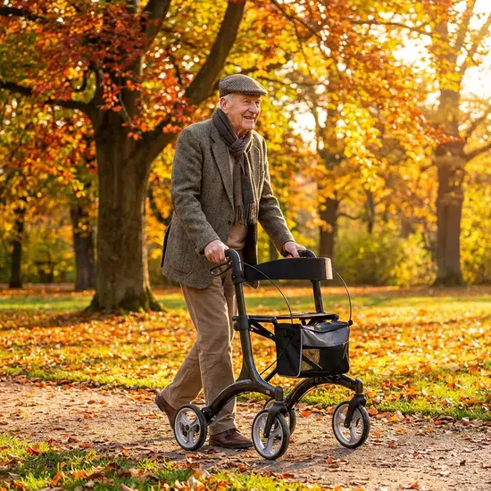 Ein rüstiger Rentner geht mit einem modernen, leichten Rollator durch einen herbstlichen, sonnigen Park. Er stützt sich leicht ab und lächelt zufrieden. Die bunten Blätter der Bäume leuchten im warmen Sonnenlicht.