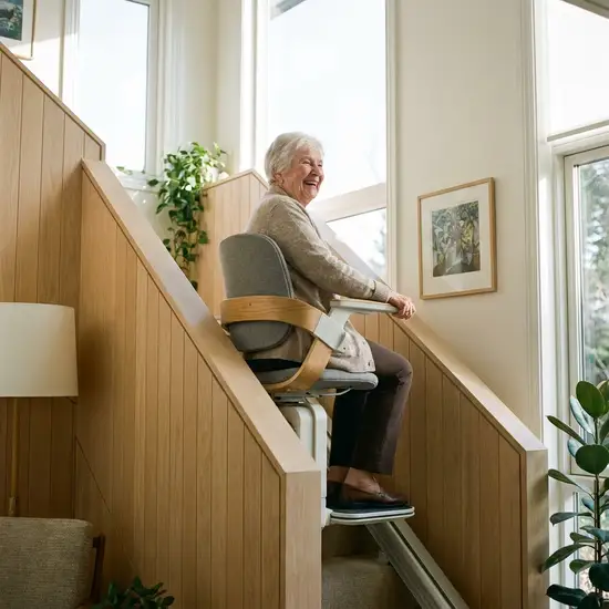 Ein komfortabler, moderner Treppenlift gleitet sanft eine helle, holzgetäfelte Treppe hinauf. Eine glückliche ältere Dame sitzt darauf und genießt die mühelose Fahrt in das obere Stockwerk ihres gepflegten Hauses.