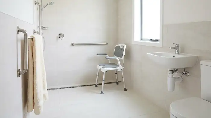 Ein barrierefreies, hell gefliestes Badezimmer mit einer bodengleichen Dusche. In der Dusche steht ein sicherer, ergonomischer Duschstuhl mit Armlehnen. Ein flauschiges Handtuch hängt griffbereit an einem eleganten Haltegriff an der Wand.