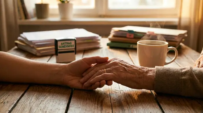 Zwei Hände, eine jüngere und eine ältere, halten sich vertrauensvoll über einem Holztisch. Im unscharfen Hintergrund liegen einige ordentlich sortierte Dokumente, was eine erfolgreiche Beratung und Antragstellung symbolisiert. Warme, hoffnungsvolle Lichtstimmung.