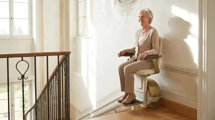 Ein eleganter, gepolsterter Sitzlift fährt sanft an einer hellen Wand entlang eine geschwungene Treppe hinauf. Eine ältere Dame sitzt bequem und entspannt darauf, die Hände ruhen sicher auf den Armlehnen.
