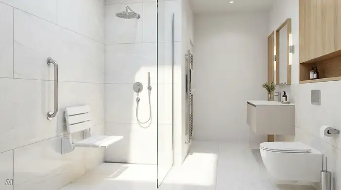 Ein modernes, hell gefliestes Badezimmer mit einer ebenerdigen Walk-in-Dusche. In der Dusche ist ein stabiler, weißer Klappsitz an der Wand montiert, daneben befindet sich ein metallischer Haltegriff.