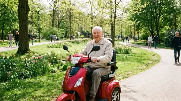 Ein rüstiger Rentner fährt an einem sonnigen Tag mit einem modernen, roten Elektromobil durch einen grünen Park. Er trägt eine leichte Jacke und lächelt zufrieden in die Kamera.