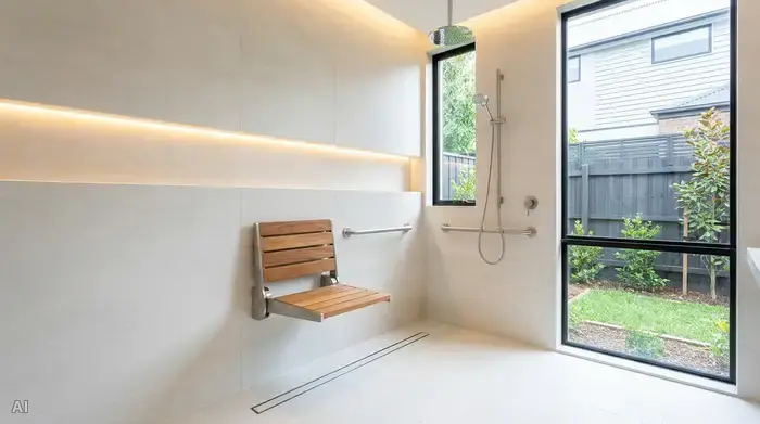 Eine moderne, ebenerdige Dusche in einem hellen, stilvollen und barrierefreien Badezimmer. Ein eleganter, an der Wand montierter Duschklappsitz aus Holz und Edelstahl lädt zum sicheren Duschen ein. Die Umgebung ist makellos sauber, gut beleuchtet und vermittelt ein Gefühl von Komfort und Sicherheit im Alter.