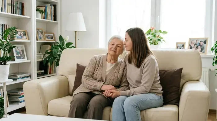 Eine nahbare Szene, in der eine ältere Frau mit ruhigem Gesichtsausdruck die Hand ihrer Tochter hält. Beide sitzen auf einem Sofa in einem hellen, aufgeräumten Wohnzimmer. Die Atmosphäre ist geprägt von Trost und familiärem Zusammenhalt, sanftes Tageslicht.