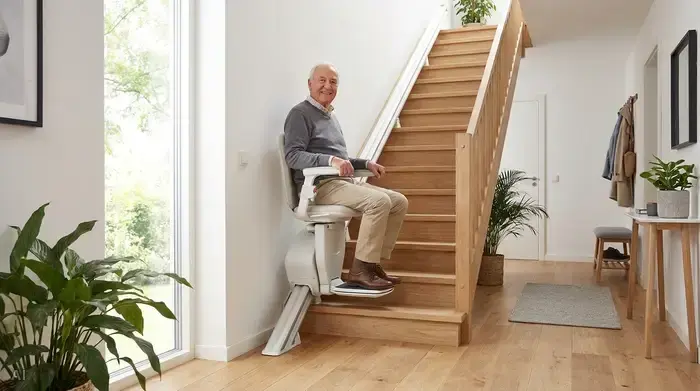 Ein moderner, unauffälliger Treppenlift in einem gepflegten, hellen Einfamilienhaus. Ein älterer Mann sitzt entspannt und sicher darauf und fährt lächelnd die Treppe hinauf. Praktische und saubere Umgebung.